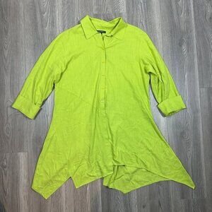For Cynthia Green Linen Blend‎ Tunic L Asymmetrical Button Down